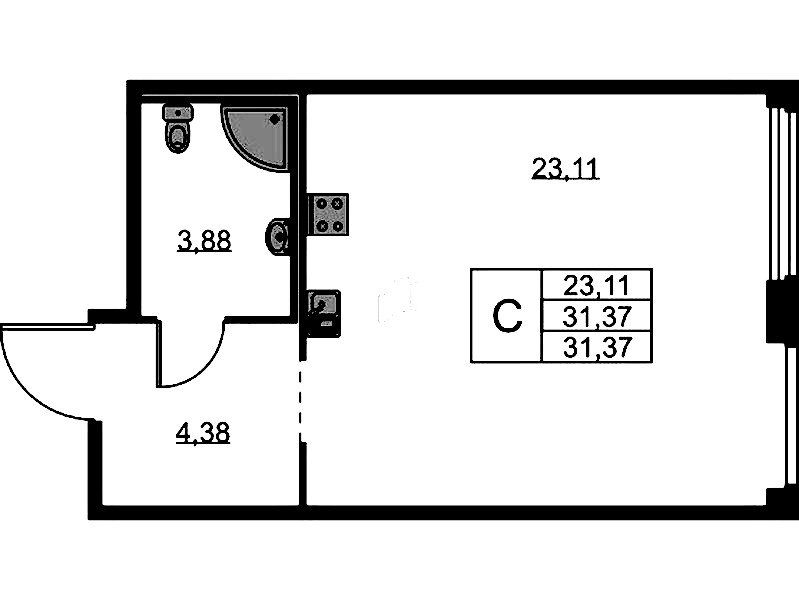 Квартира студия 31.37 м², 1/15 эт., ЖК «GloraX Парголово»